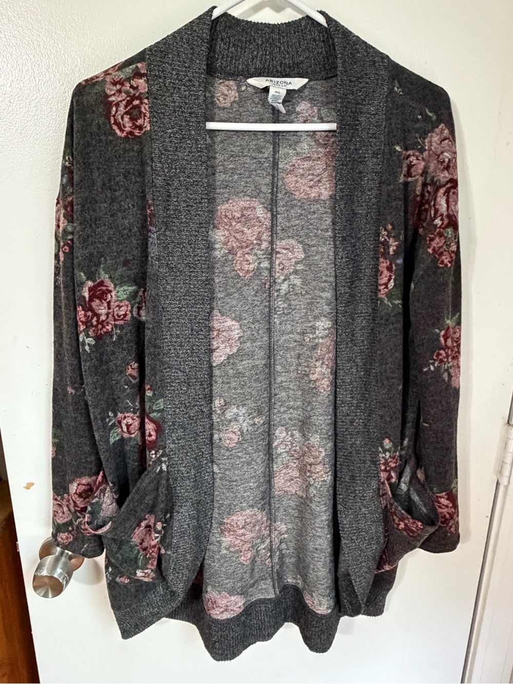 Arizona Jean Company Charcoal Open-Front Cardigan with Pink Floral Print